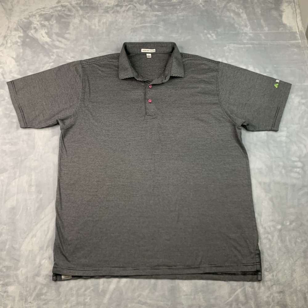 Peter Millar Mens Shirt XL‎ Black White Stripe Polo Shirt Pink Buttons Regions